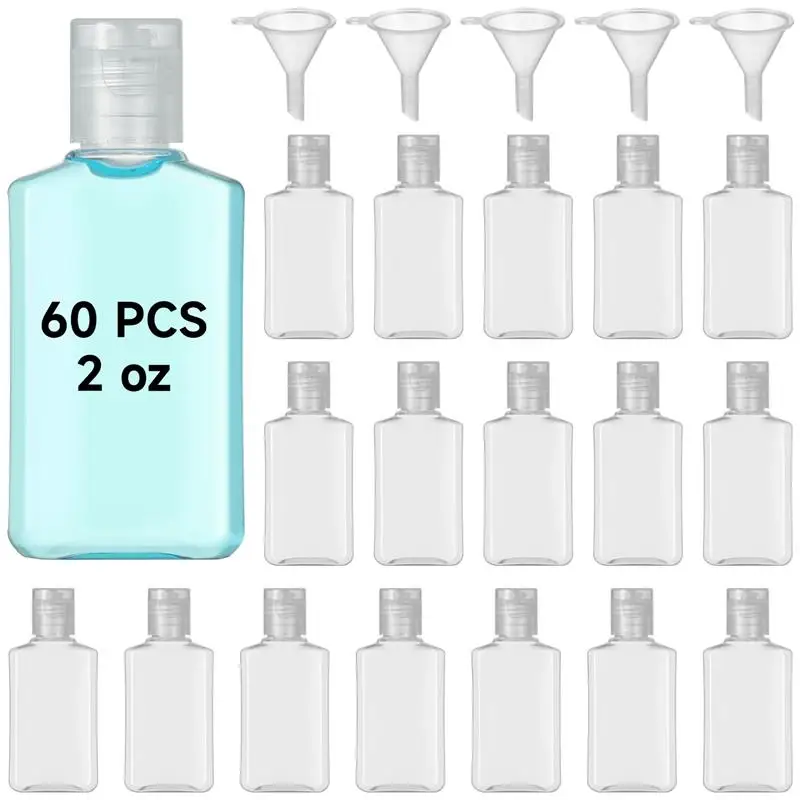 60Pcs 2 Oz Travel Bottles Small Plastic Bottle With Flip Cap Empty Squeeze Travel Bottle Cosmetic Containers With 5 Funnels