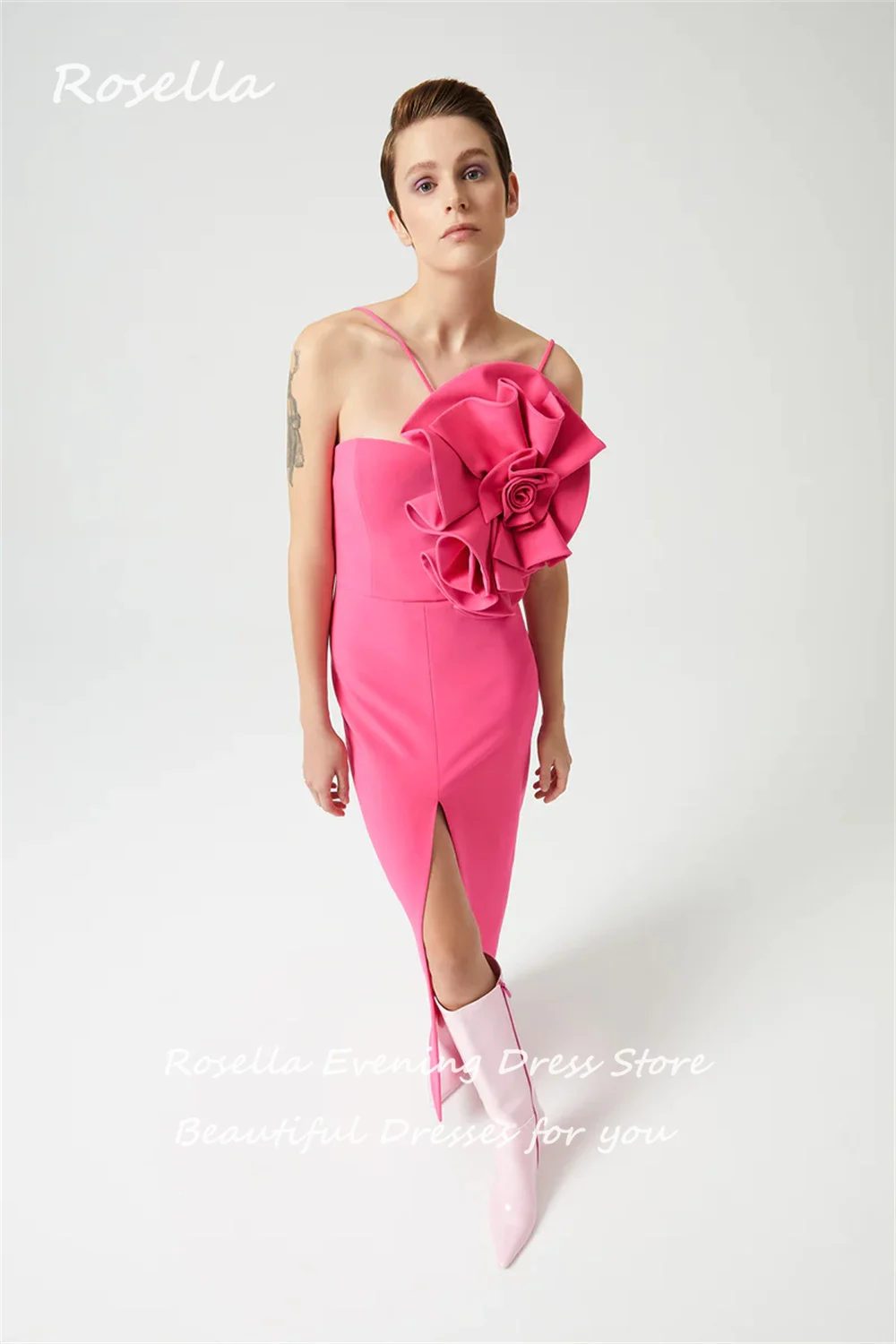 ROSELLA-Sexy vestidos de noite rosa para mulheres, cintas de espaguete, grande flor 3D, comprimento do tornozelo, alta divisão, vestido para eventos formais, novo, 2023