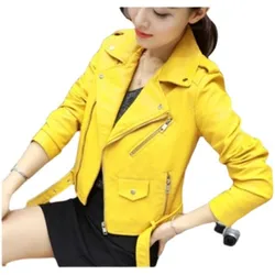 Spring Autumn Women PU Leather Jackets Lady Slim Fit Motorcycle Zipper Coat wine red  yellow pink costs lady fashion with A1105