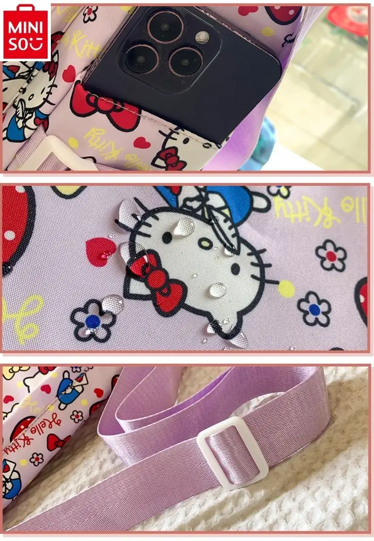 MINISO 2024 New Cartoon Hello Kitty Large Capacity Nylon Crossbody Bag Student High Quality Storage Handheld Tutorial Bag