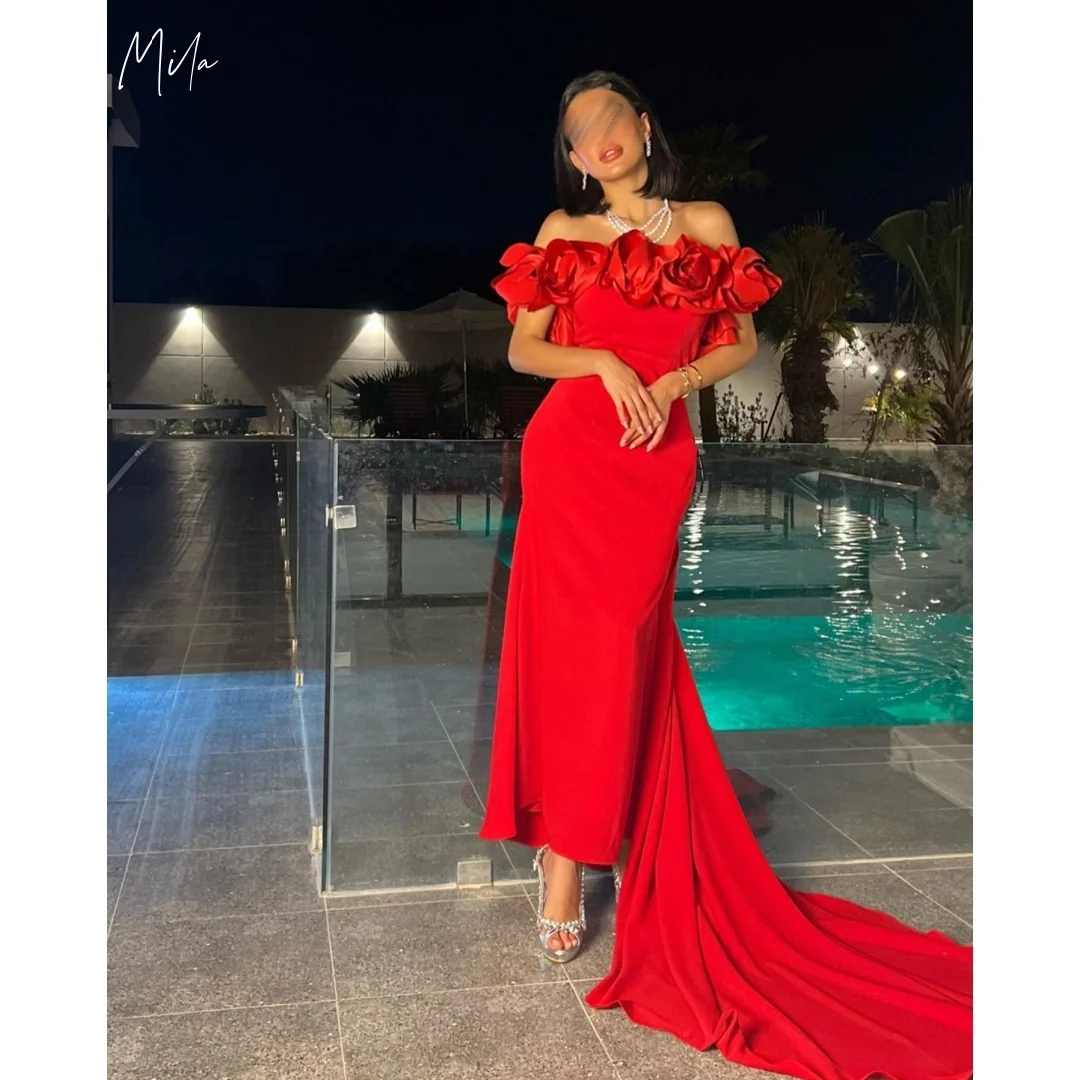 

Mila Women Red Off-Shoulder Gown Prom Dresses 3D Flower Mermaid Train Customized Formal Evening vestidos de gala for Wedding