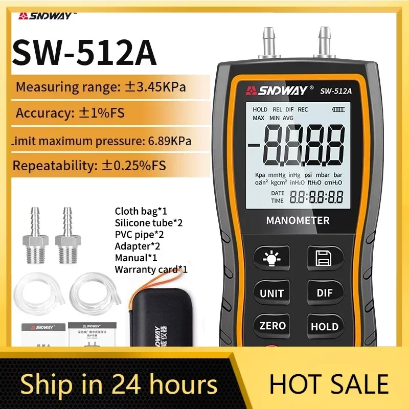 

SNDWAY SW-512 Digital Manometer Air Pressure Gauge Professional Pressure Differential Detector ±103.42 KPa Meter Kit Tool