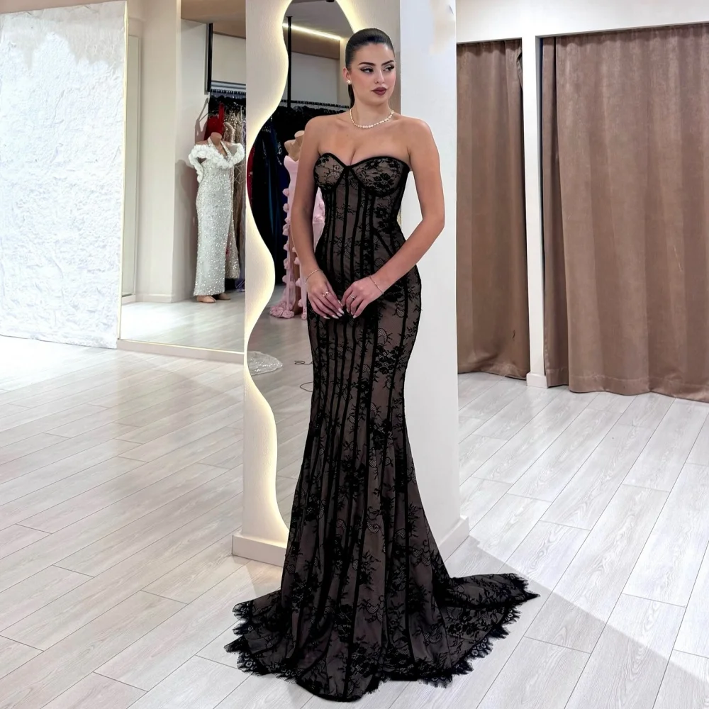 

Customized Elegant Formal Lace Ruched Pleat Mermaid Strapless Long Dresses Bespoke Occasion Dresses Modern Style Sizes Available