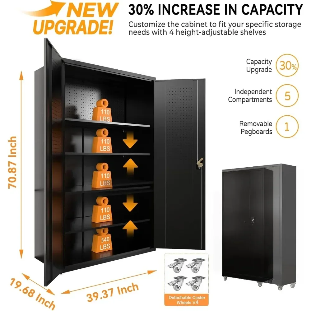 Upgraded tall and wide metal locker with doors, 4 adjustable shelves |Heavy-duty lockable garage cabinet with wheels, pegboards