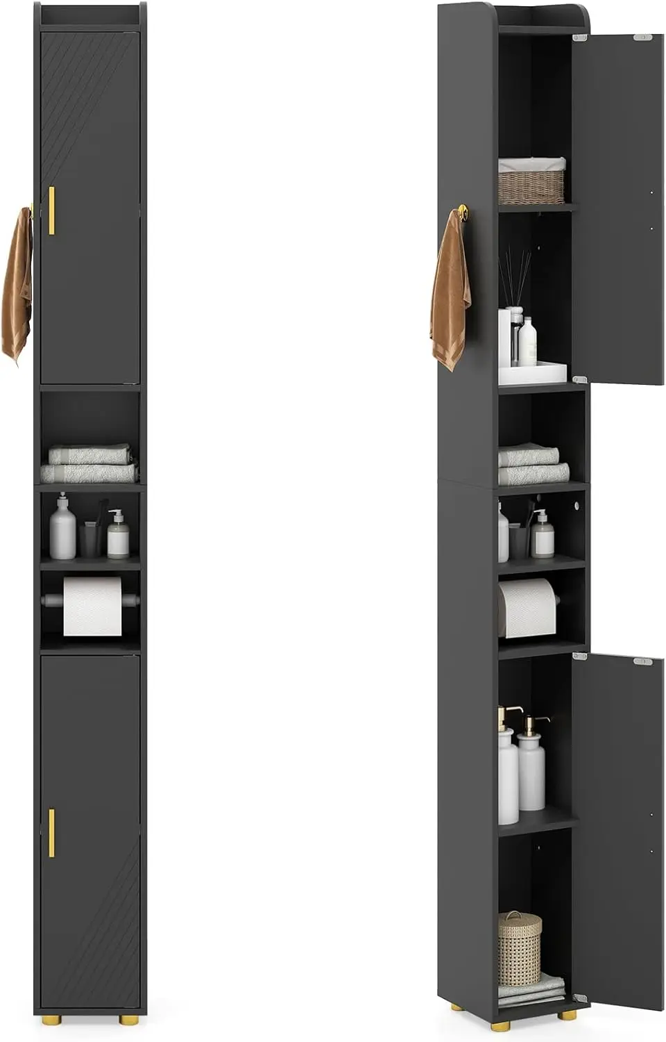 Narrow Hochschrank mit 2 Türen, 3 offenen Ablagen, Hooks & Toilet Paper Holder, 20x20 cm Storage Cabinet for Office, Kü