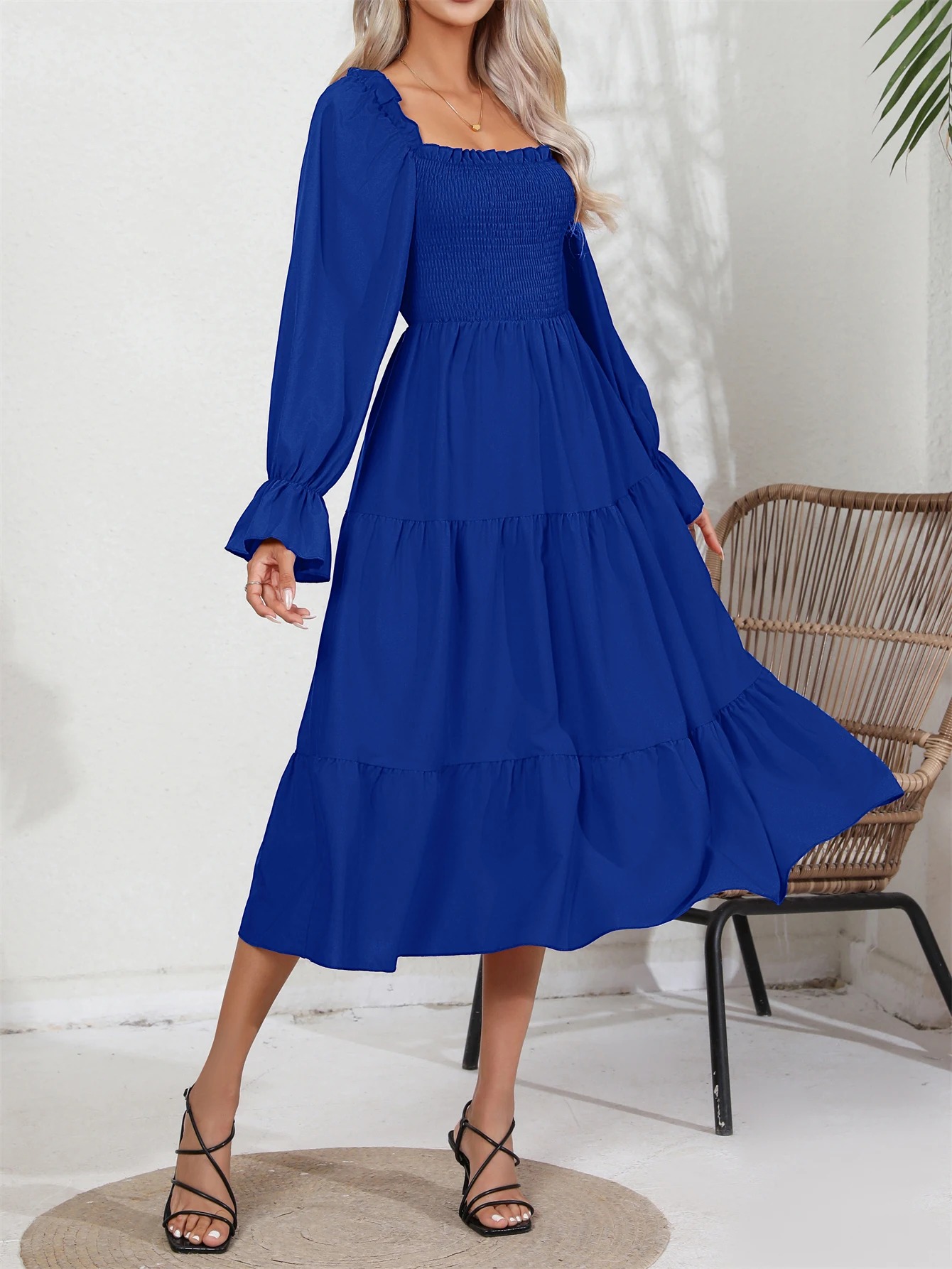 Spring & Autumn Casual Solid Squared Neck Shirred Ruffle Trim Long Sleeve Tiered Dress For Women