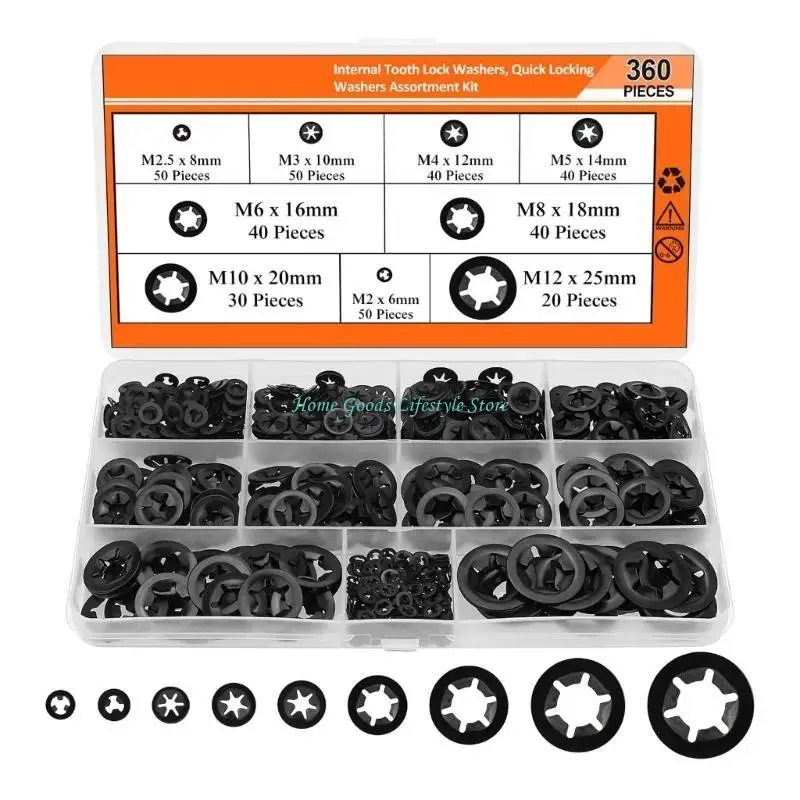 E74E 360Pcs Internal Tooth Star Lock Washers 9 Sizes Quick Speed Locking Washers Push On Locking Washers Easy to Install