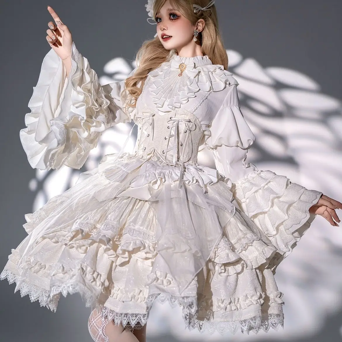 CoalfellLolita ريترو قصر نمط القوطية صديقة الأكمام البوق قميص نفخة تنورة مجموعة لوليتا كم طويل الأعلى