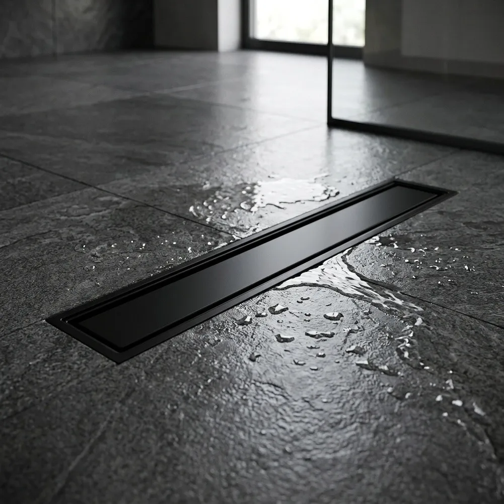 Rectangular Floor Drain for Wet Areas with Integrated Hair Mechanism and Fully Sealed Drain Body to Prevent Entry