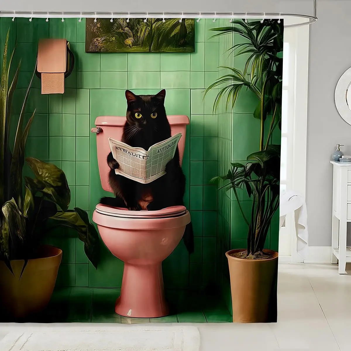 

3D Black Cat Shower Curtain Green Plants Patchwork Geometric Plaid Bathroom Curtain for Kids Teens Adults Cute Pet Animal Modern