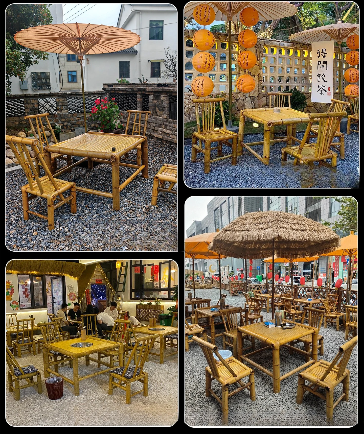 Mesa e cadeira de bambu para pátio externo, combinação de lareira, chá, cadeira de bambu, panela quente, mesa de bambu retangular