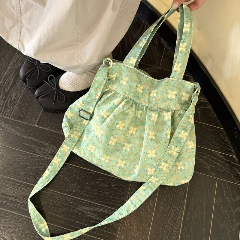 

Spring Summer Gentle Pastoral Style Floral Green Canvas Large-capacity Storage Bag Shoulder Bags Crossbody Bag Woman Bags