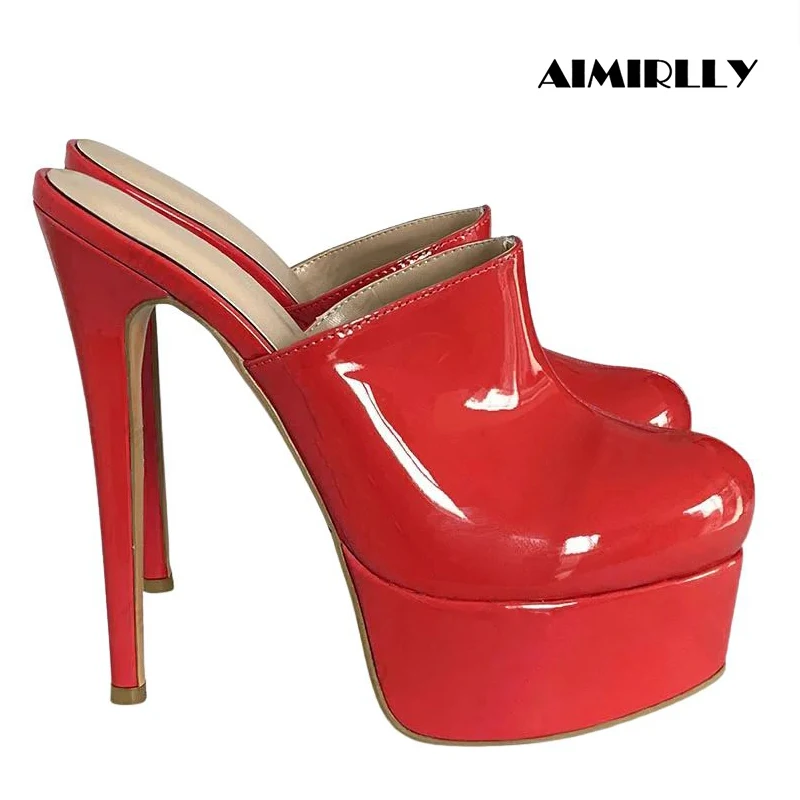 

Women Red Patent Platform Mule Heels Closed Toe Slip On Stiletto High Heel Pumps Sexy Party Club Shoes Multi-color