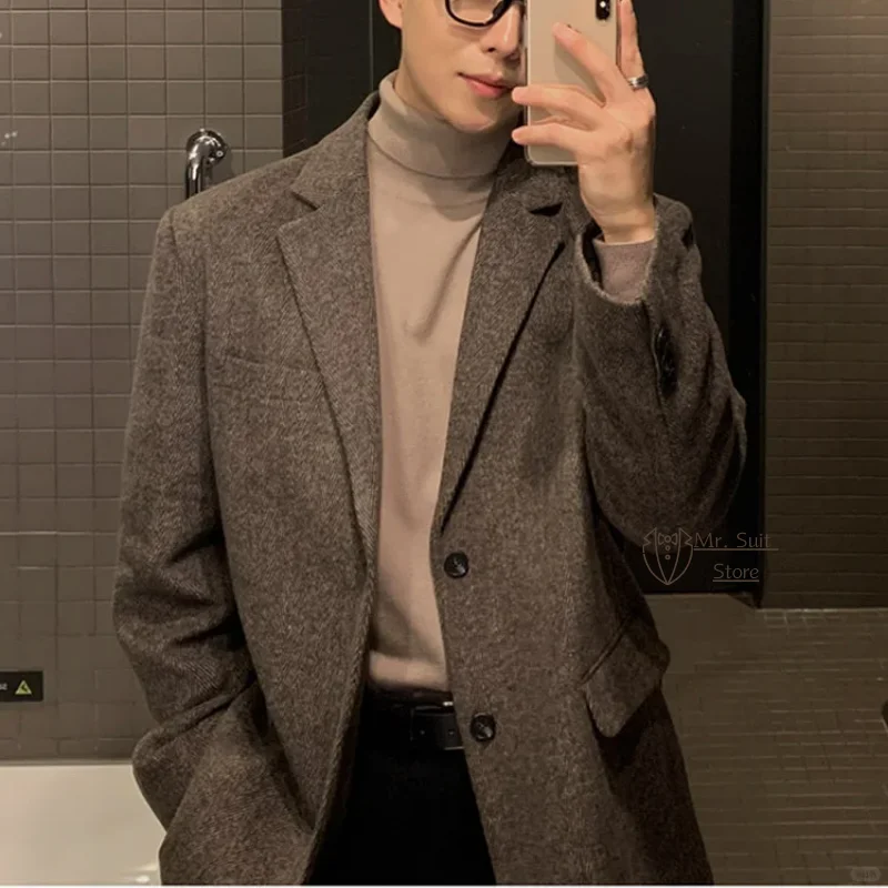 

2025 New Men's Retro Suit Jacket Korean Version Herringbone Classic Single Breasted Autumn and Winter Casual Thick Sports Jacket