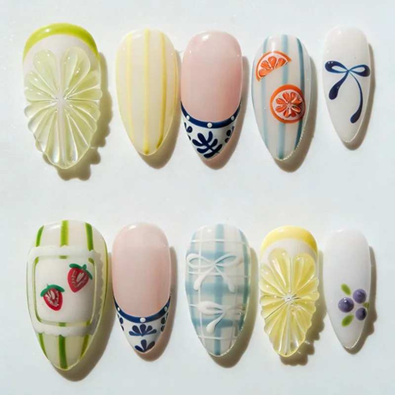 

24PCS Summer Fresh Fruit Almond Press on Nails Yellow 3D Lemon with Blue Plaid Bow French Fake Nails Cute Sweet False Nail Tips