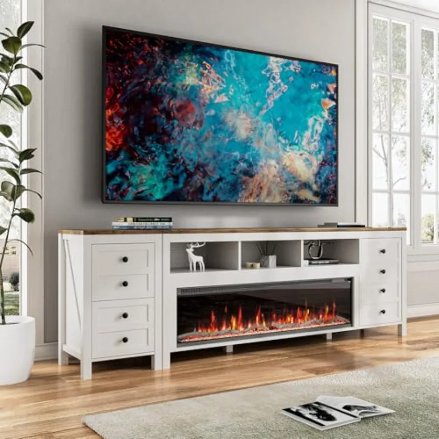 Suporte de TV com lareira de 83 polegadas para TVs de até 95 polegadasCentro de entretenimento moderno com 50 lareiras elétricas Console de TV branco com St
