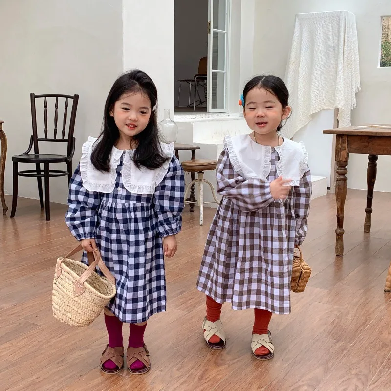 

Girl Dress New Spring Autumn Korean Fashion Style Large Lapels Plaid Dress Baby Girl Casual Dresses Long Sleeved Princess Dress