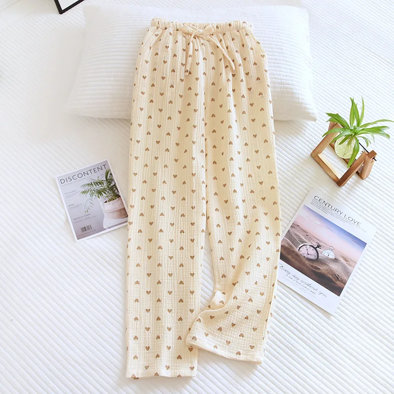 Cotton Pajama Pants Woman Love Print Trousers Double Layer Gauze Home Trousers Casual Simple Ladies Sleeping Pants Loose Lace-Up