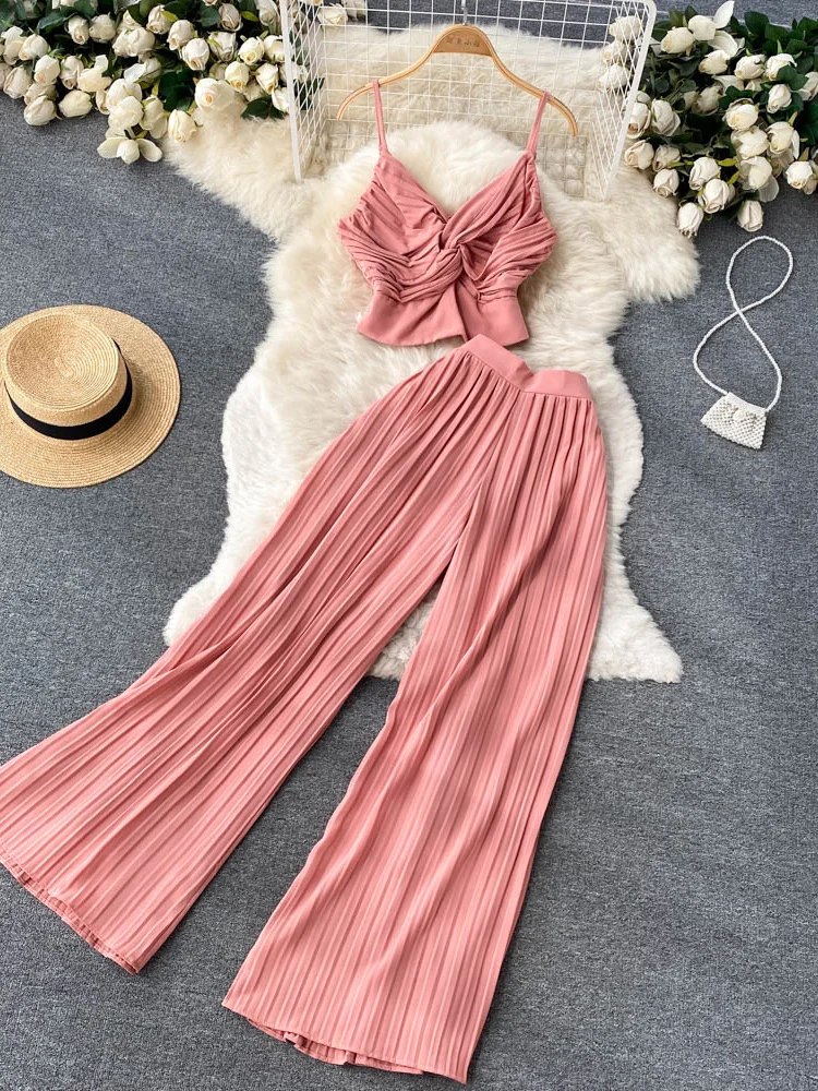 

Summer Women Pleated Two Piece Set Sexy Female Criss Cross Twist Strap Tops + High Waist Draped Pants Beach Suits Vacation New