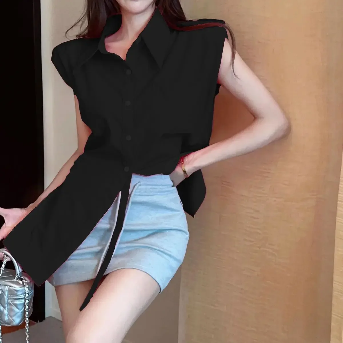 Women Clothing Polo Neck Slim Button Korean Blouse Summer New Short Sleeve Solid Irregular Fashion Shirt Tops Temperament Trend