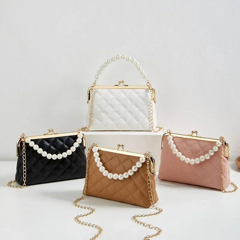 New Fashion Versatile Lingge Embroidery Clip Chain Strap Crossbody Mobile Phone Bag Pearl Handheld Women's Bag