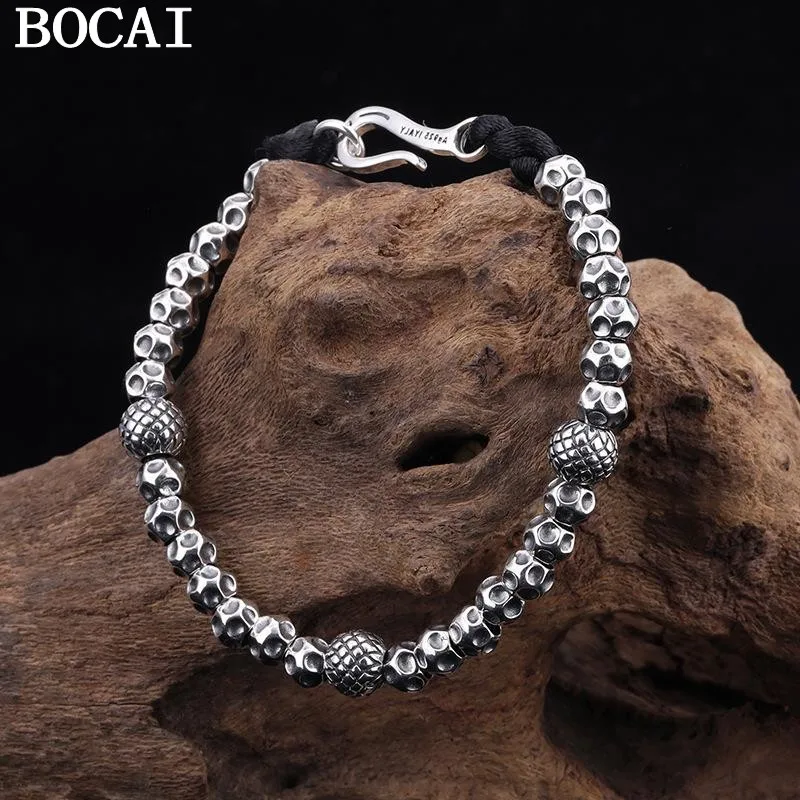 

BOCAI NEW S925 Silver Couple Silver Bead Skull Bracelet for Man and Woman Black Rope Bracelet
