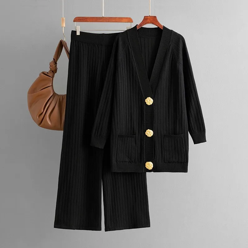 

Autumn/winter Casual Women's Knitted Pants Set V-neck Long Sleeved Single Breasted Knitted Sweater Cardigan+ Wide Leg Pants