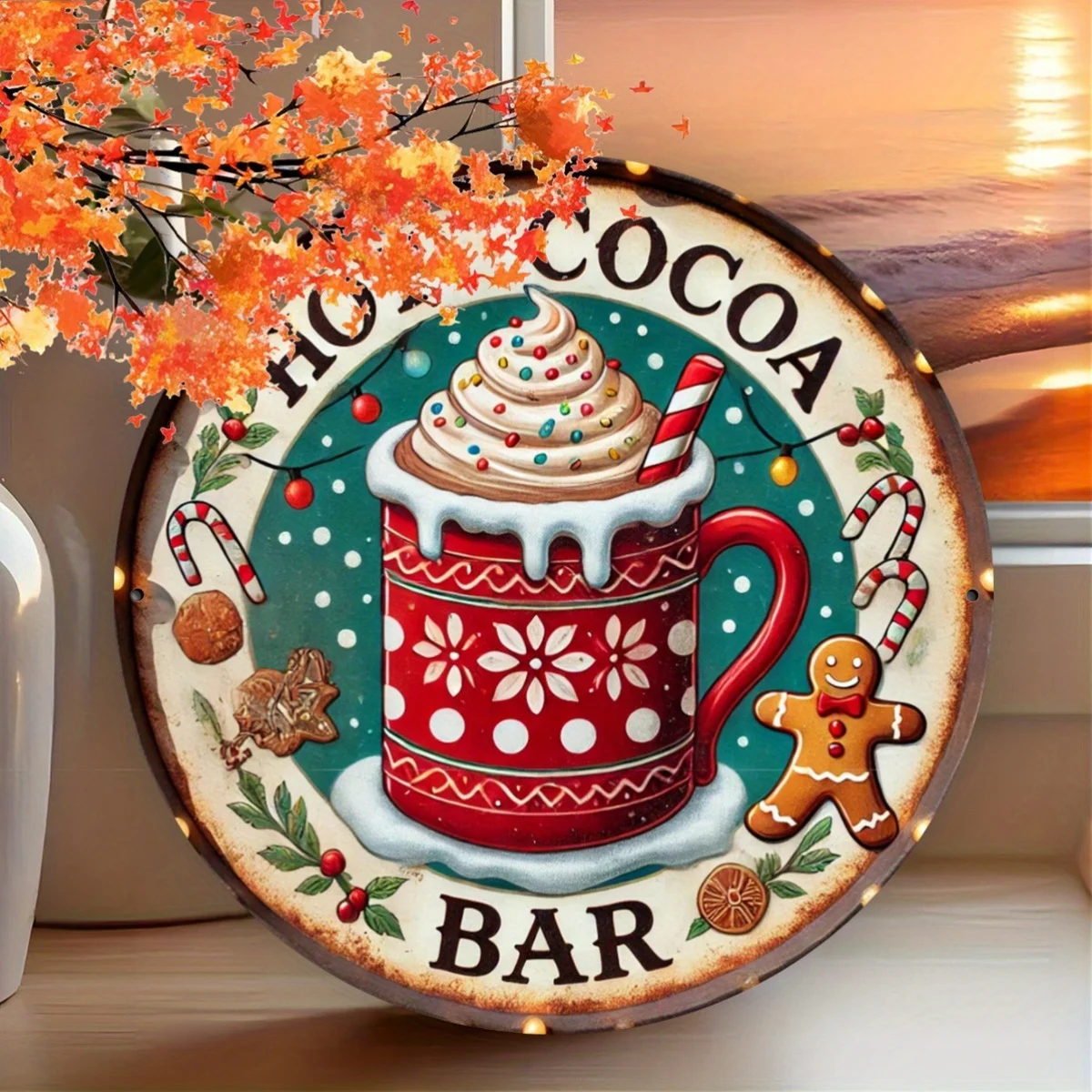 Vintage Heiße Schokoladenbar Weihnachts-Rundblechschild, Retro 3D-Effekt Festliche Heiße Schokoladenbecher mit Lebkuchenmann Zuckerstange Metall