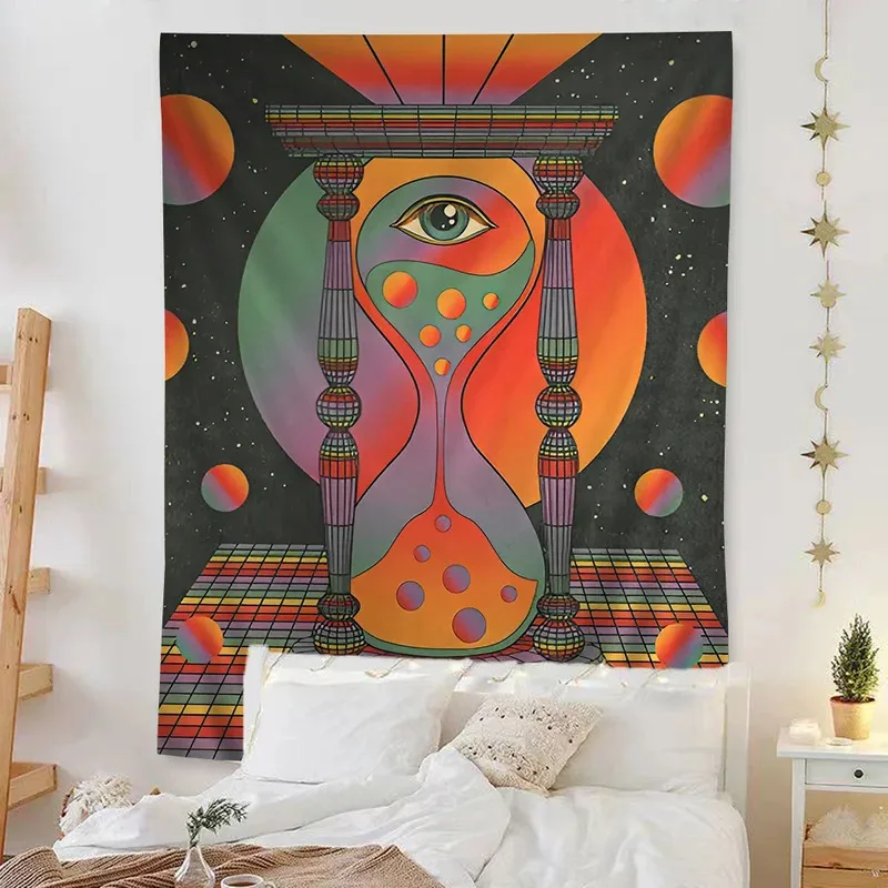 VIKAMA Personalised Art Tapestry Retro Hourglass Meets Fantastical Planet Bohemian Decorative Wall Hanging Room Decoration