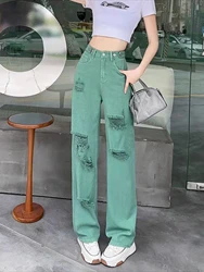 Ripped Trousers Straight Leg Women's with Holes Jeans Cowboy Pants for Woman Torn Green High Waist Shot 2025 Korean Style Unique