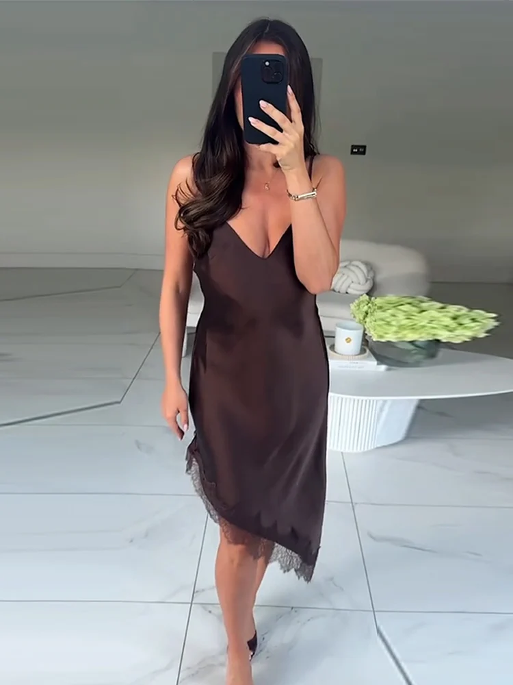 Vestidos sexis con tirantes de encaje para mujer, Vestidos irregulares con cuello en V y espalda descubierta de retazos, Vestidos ajustados de espagueti para mujer 2025