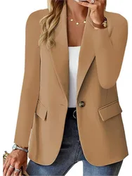 Elegant Women's Solid Slim Suits Top Coat Spring Autumn Notched Collar Single Button Long Sleeve Casual Office Lady Blazer Coats