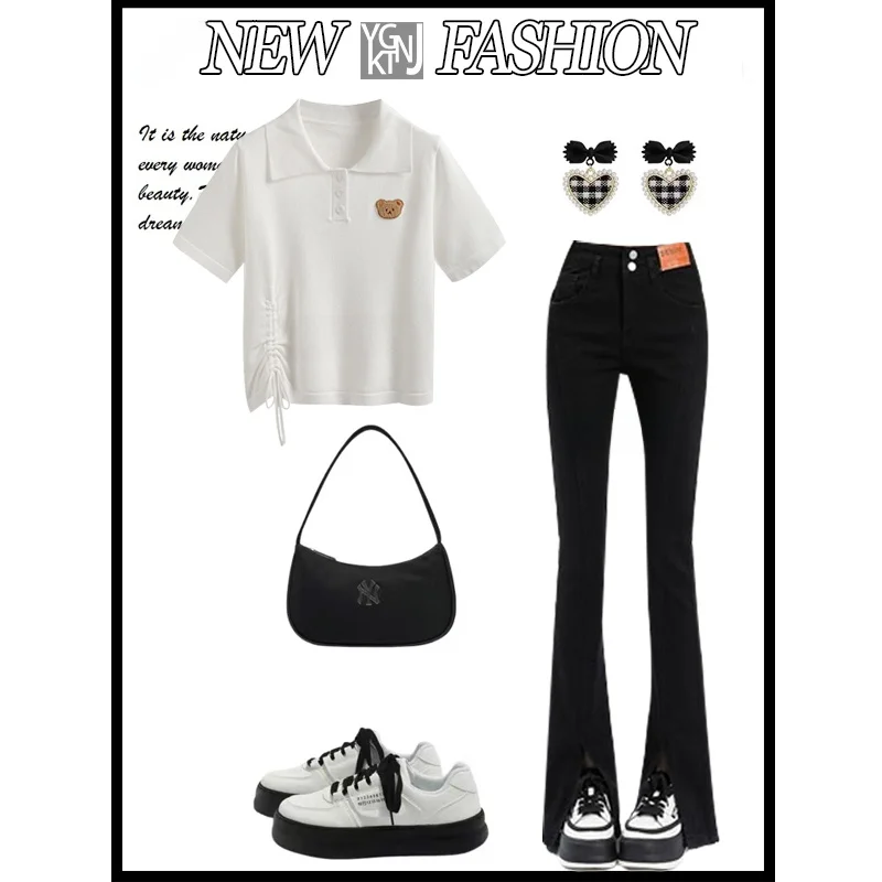 Bla Asymmetrische Uitlopende Jeans Dames Nieuw Ontwerp Klein Maat Beer Wit T-shirt Hoge Taille Rechte Pijpen Zomer Denim Broek