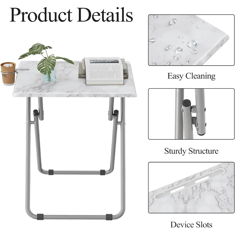 Portable Folding TV Tray Table Set, 2-Piece White Marble Style, with Cup Holders for Snacks, Ideal for Couch and Living Room, Sp