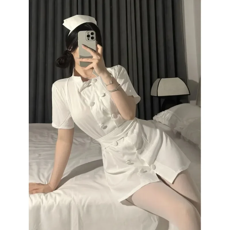 Sexy Pure Desire Nurse Doctor Cosplay Uniform White Angel Dress Button Short Sleevess Wrap Hip Dress Elegant Charming Fiery 3