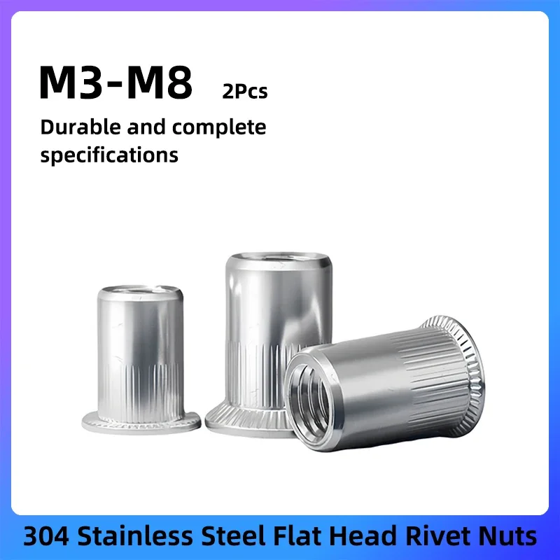 

2Pcs Rivet Nuts M3 M4 M5 M6 M8 304 Stainles Steel Finish Flat Countersunk Head Rivnut Threaded Insert Nut Knurled Body