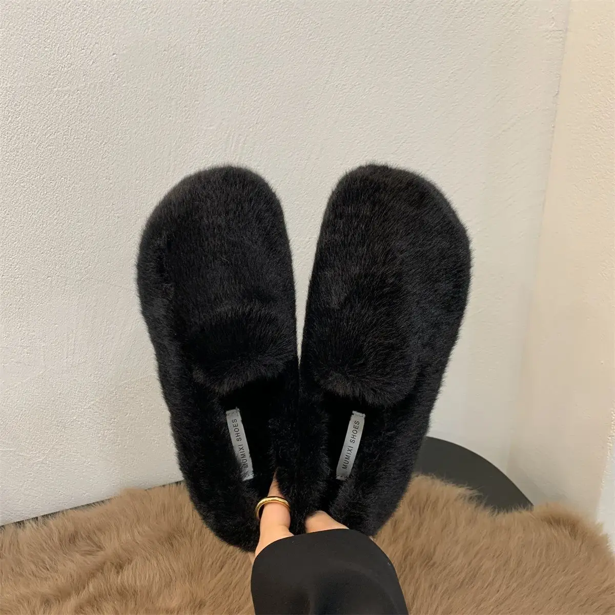 Black Downy Slip On Loafers Women Warm Winter Flat Fluffy Shoes Soft Sole Beige Fur Moccasins Mom Granny Furry Ballet Flats