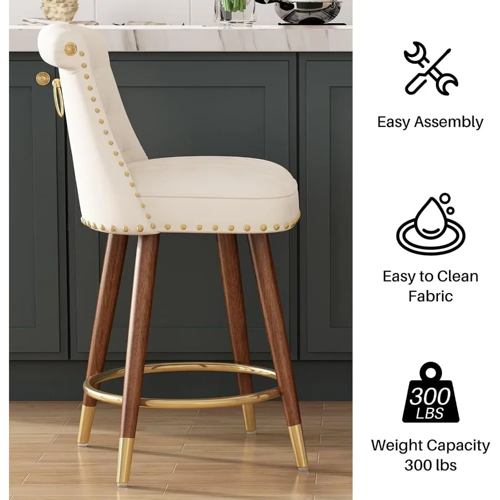 Counter Height Bar Stools, 360° Swivel Bar Stools Set of 2, Upholstered Barstools with Back and Footrest for Kitchen Island