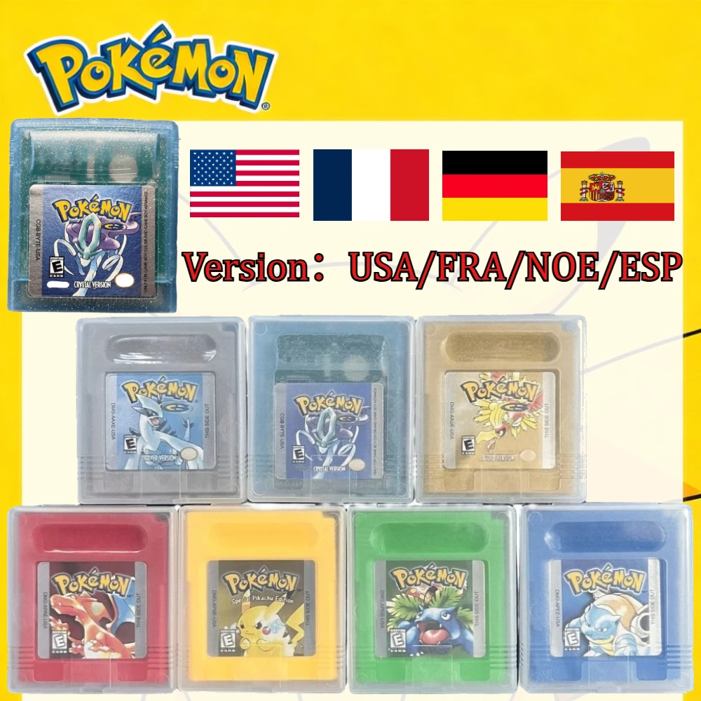 Image of Pokémon 16-Bit GBC Spielkarte Multi-Region (USA/FRA/NOE/ESP), Rot Blau Grün Gold Silber Kristall Gelb, Retro-Gaming Sammlerstück
