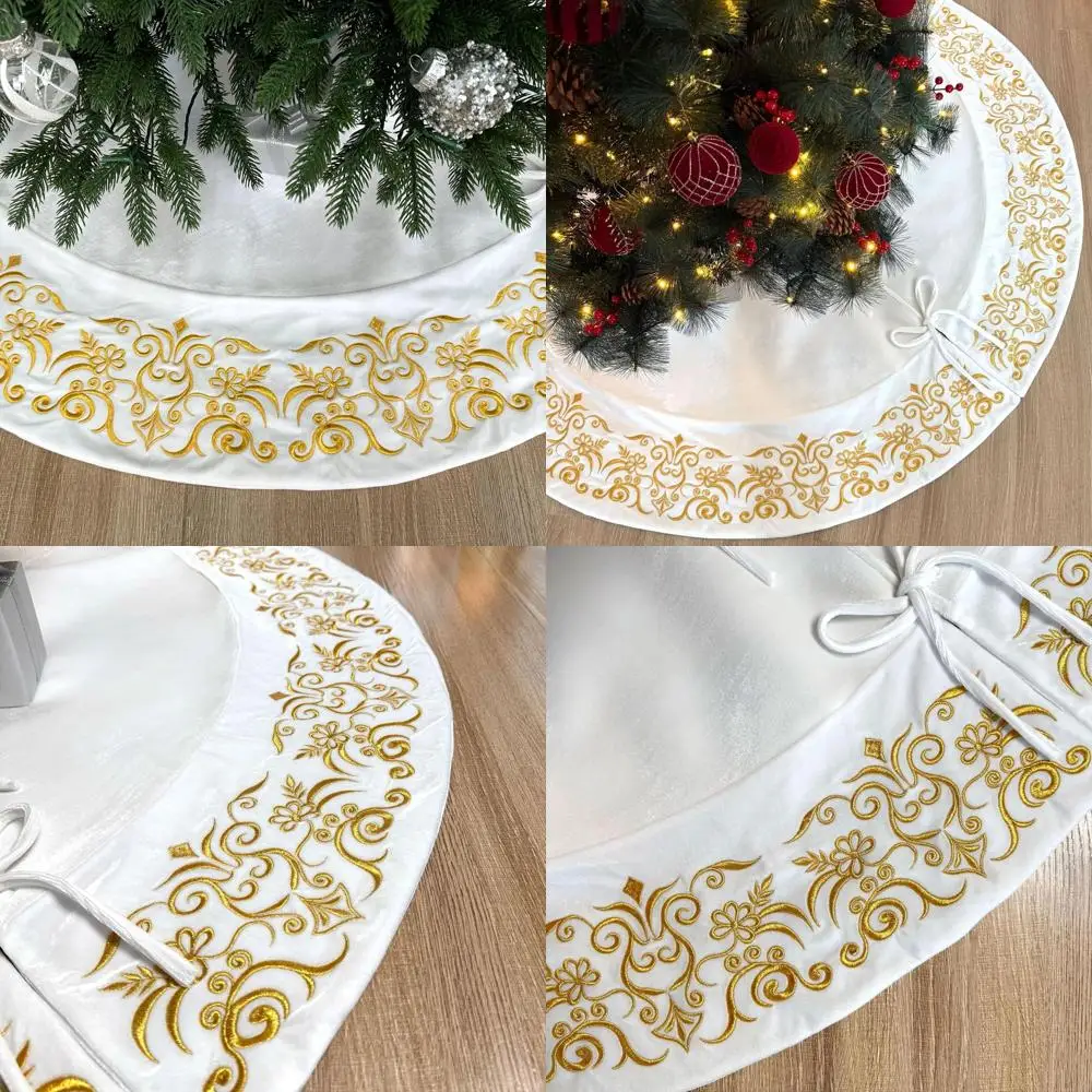 

Ivory Velvet Christmas Tree Skirt 60 Inch with Gold Damask and Plush Lace Ties