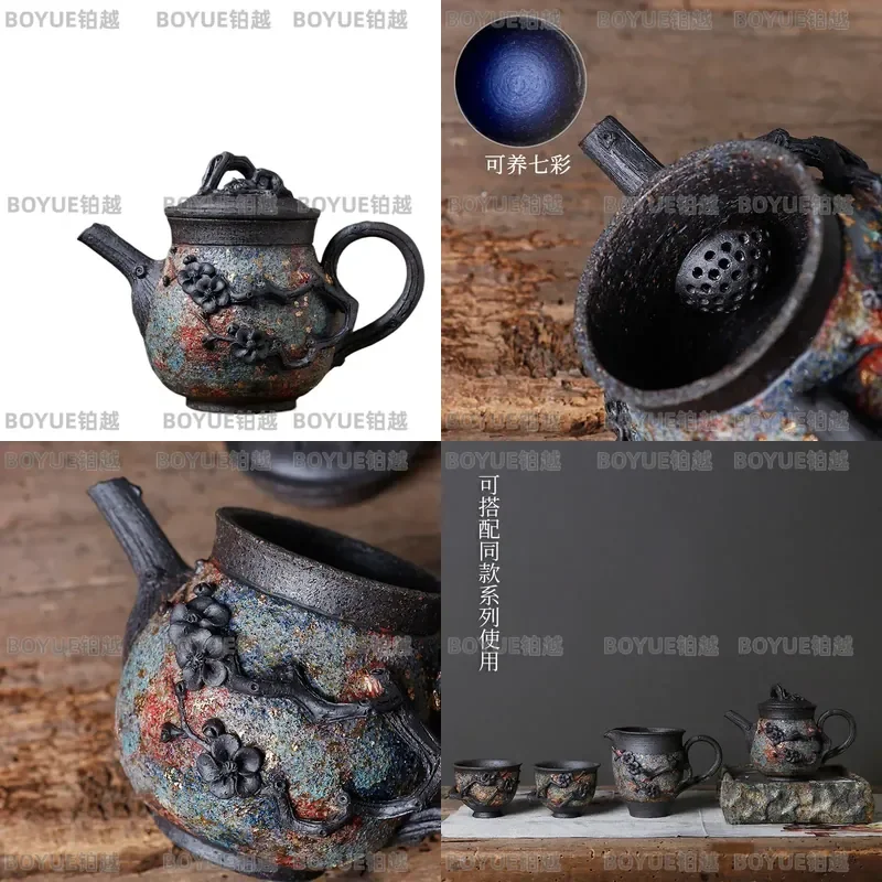 Handmade Coarse Pottery Teapot Japanese Style Plum Blossom Kung Fu Tea Set Single Pot for Firewood Burning Brewing Cup