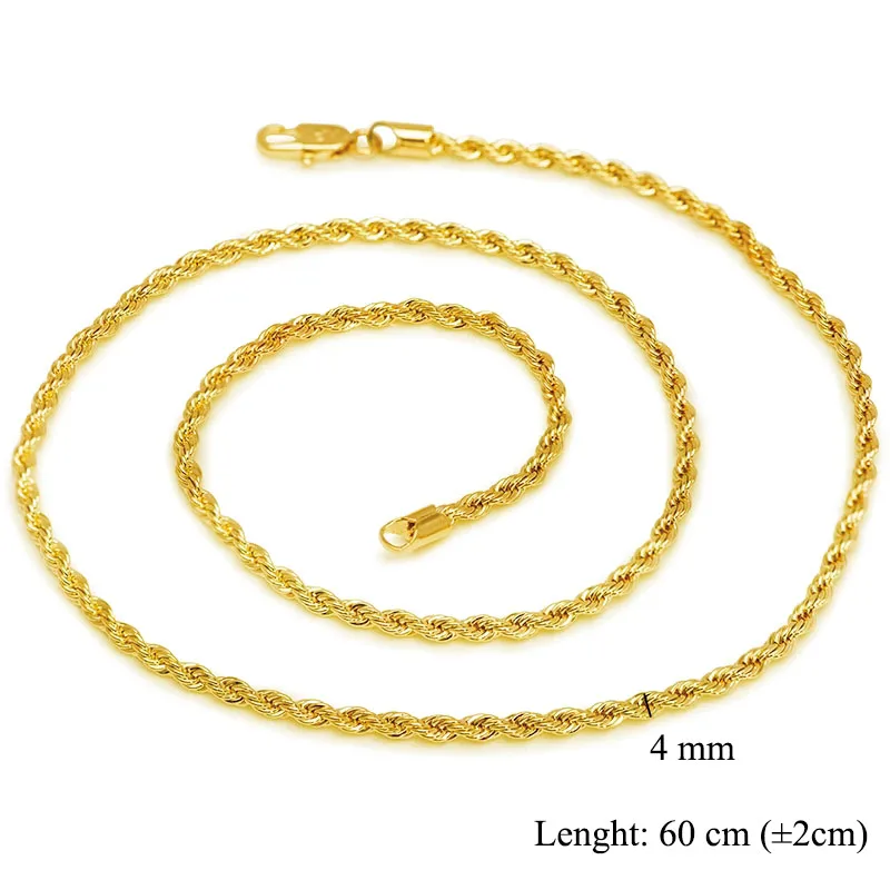 XP Jewelry --( 60 cm x 4 mm ) Eco-friendly Chain Rope Weave Necklaces for Men 24 K Pure Gold Plated