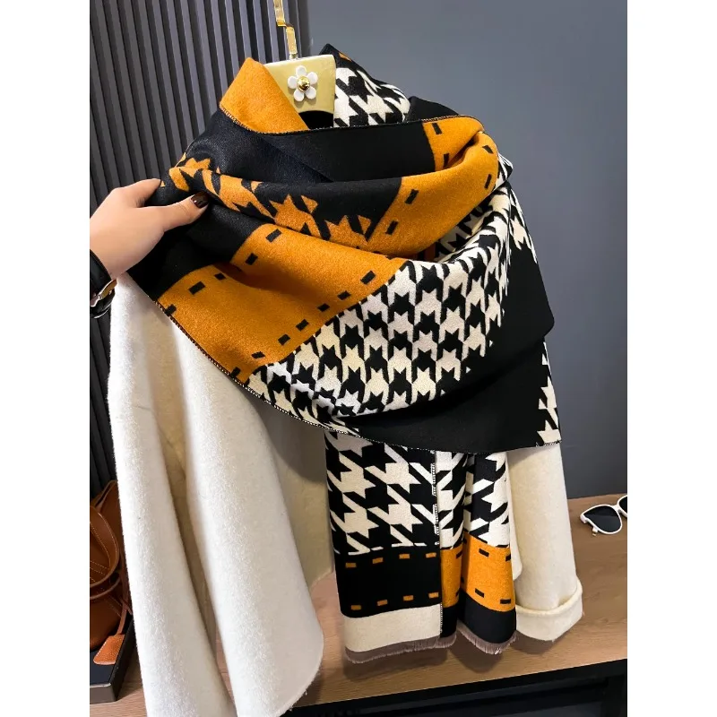 Luxury Cashmere Sacarf For Women Houndstooth Thick Winter Blanket With Tassel Large Shawl And Wrap Bufanda Warm Mantilla