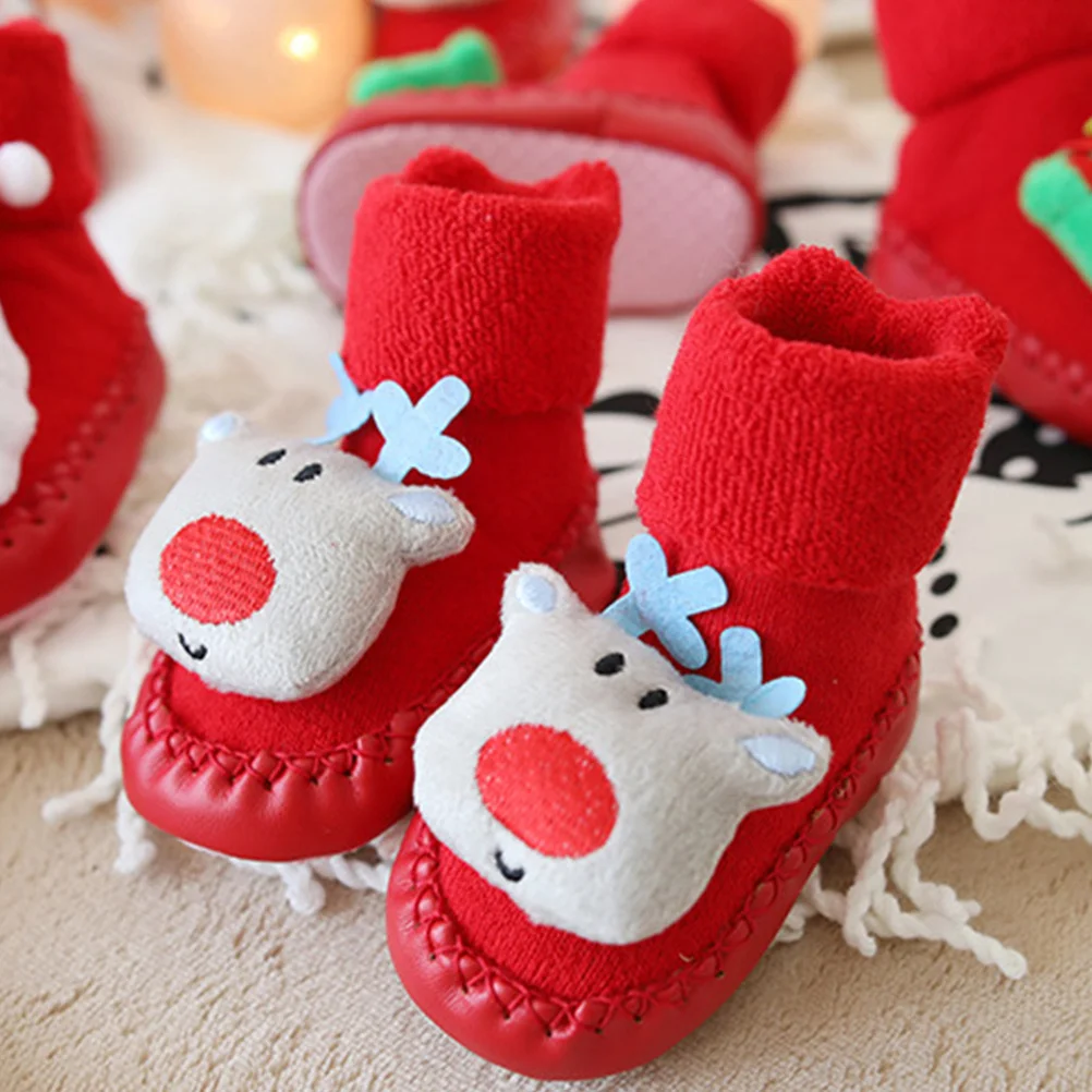 1 par de meias infantis de natal, meias macias e quentes antiderrapantes para crianças pequenas, calçados fofos com padrão de fawn azul, meias quentes para crianças