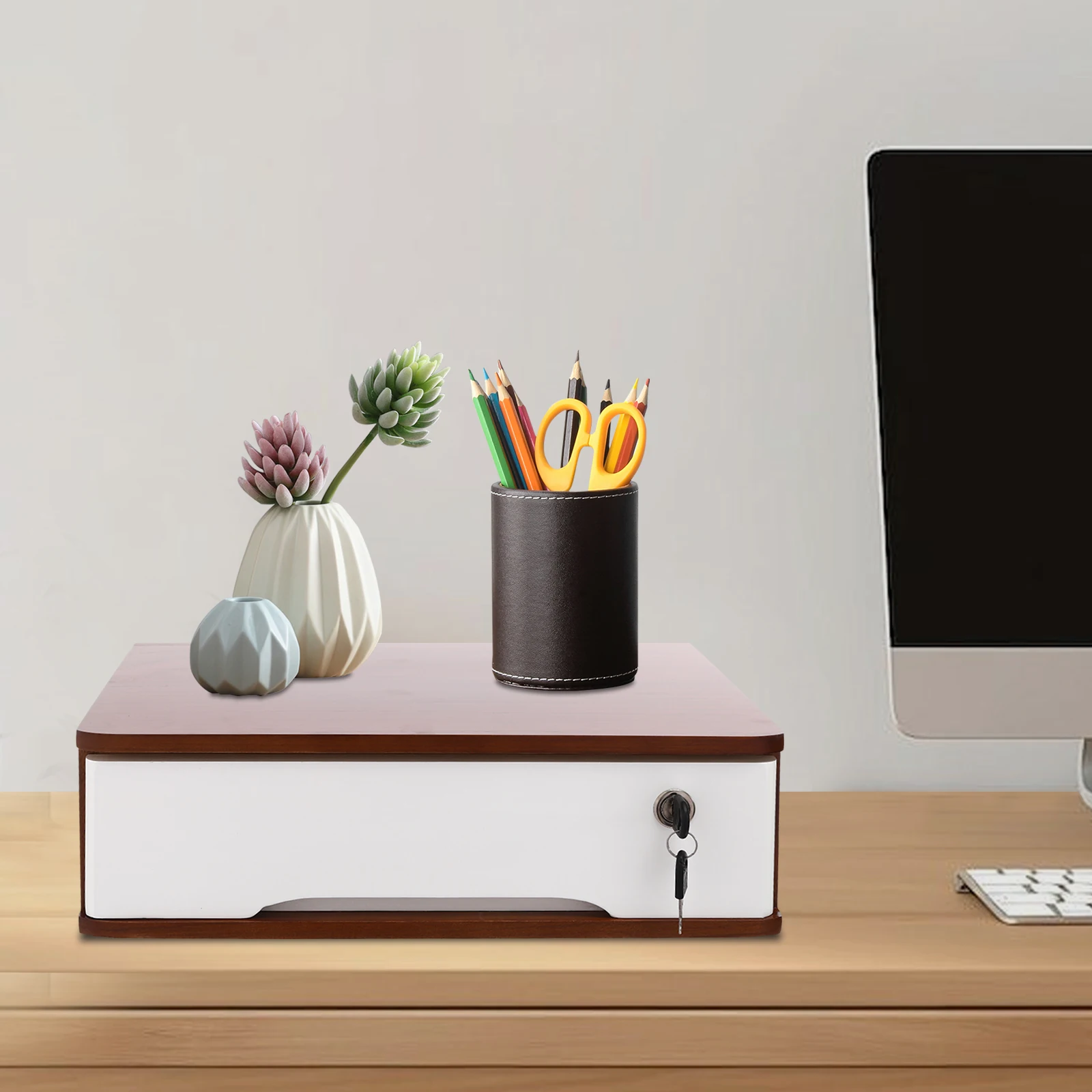 

40*28*12cm Minimalist Indoor Lockable Desktop Storage Box Office Supplies Drawer Organizer with Recessed Handle