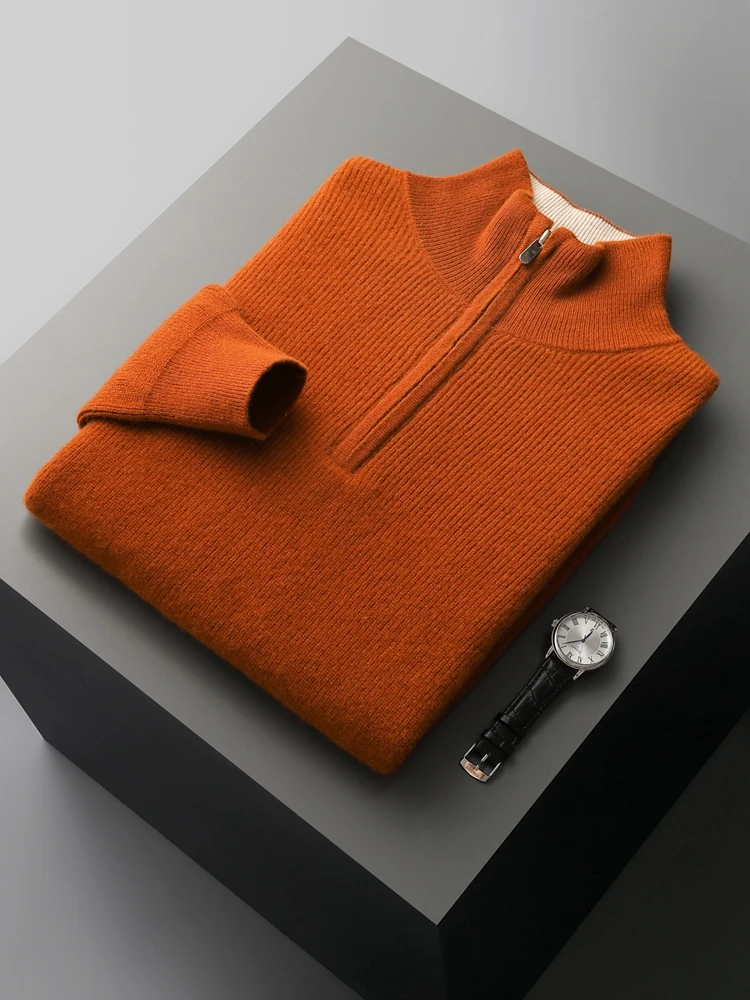 Sweater kasmir pria musim gugur musim dingin Sweater Pullover Mock Neck ritsleting tebal bergaris 100% Merino wol rajut kasual warna blok pakaian