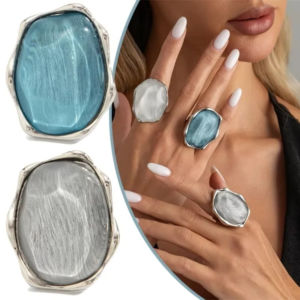Retro Resin Water Ripple Ring Zinc Alloy Vintage Blue Gemstone Resin Ring Adjustable Silver Plated Cat Eye Ring For Women