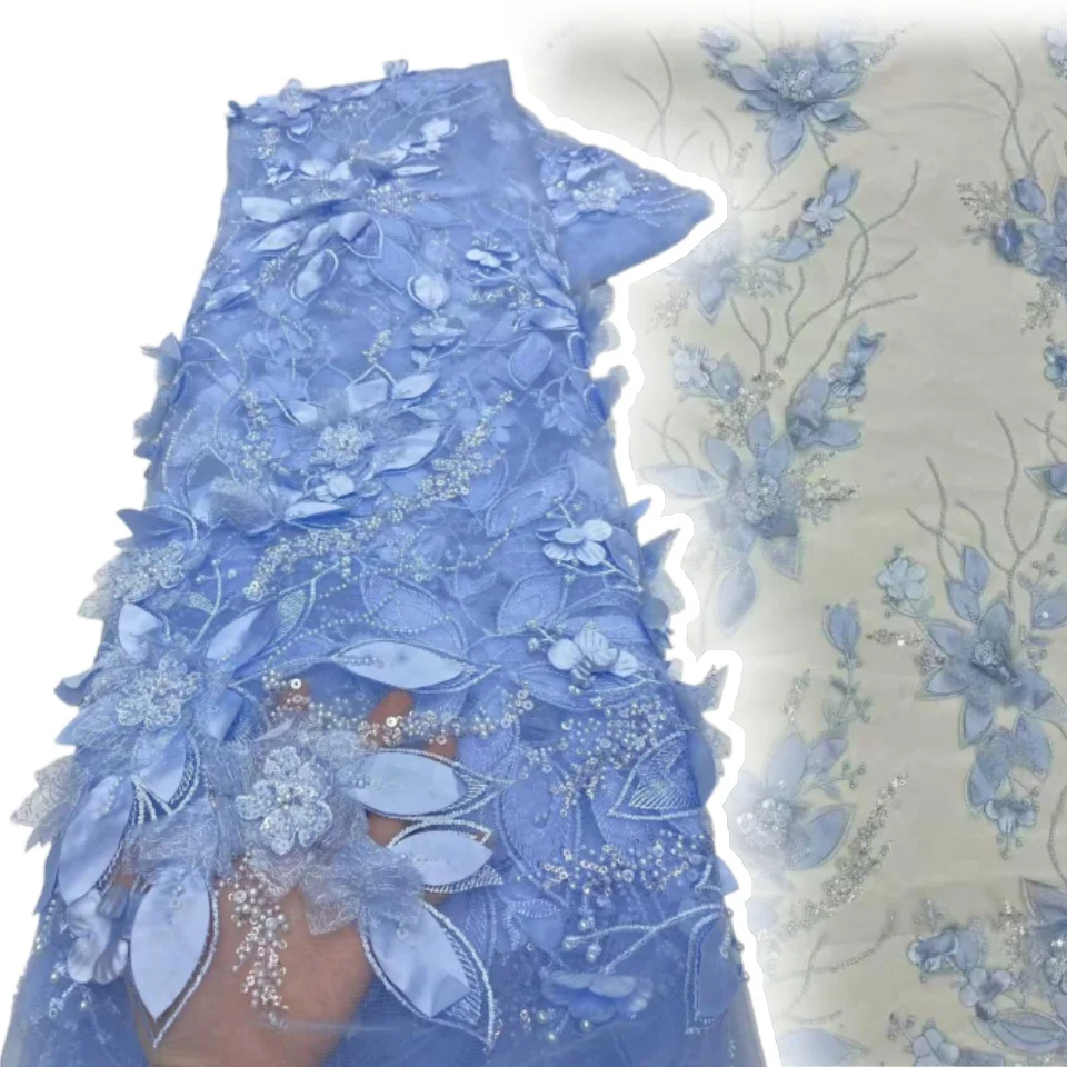

Sky Blue Beaded Lace Fabric High Quality Embroidered 2025 White Birdal Lace 3D Flower Lace Fabric for Wedding Dress TP1242