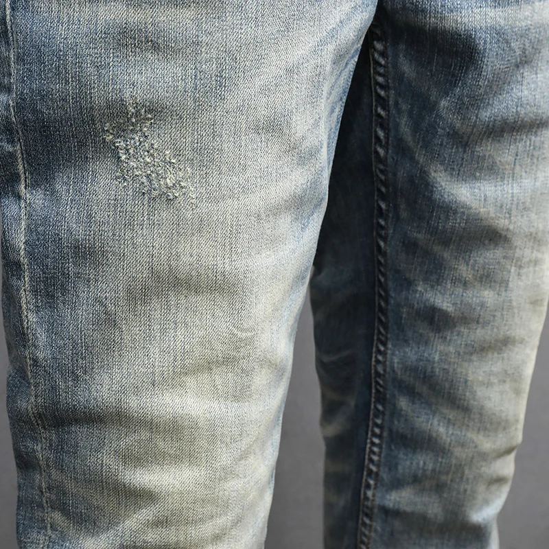 Fashion Designer Men Jeans High Quality Retro Washed Blue Elastic Stretch Slim Fit Ripped Jeans Men Vintage Denim Pants Hombre