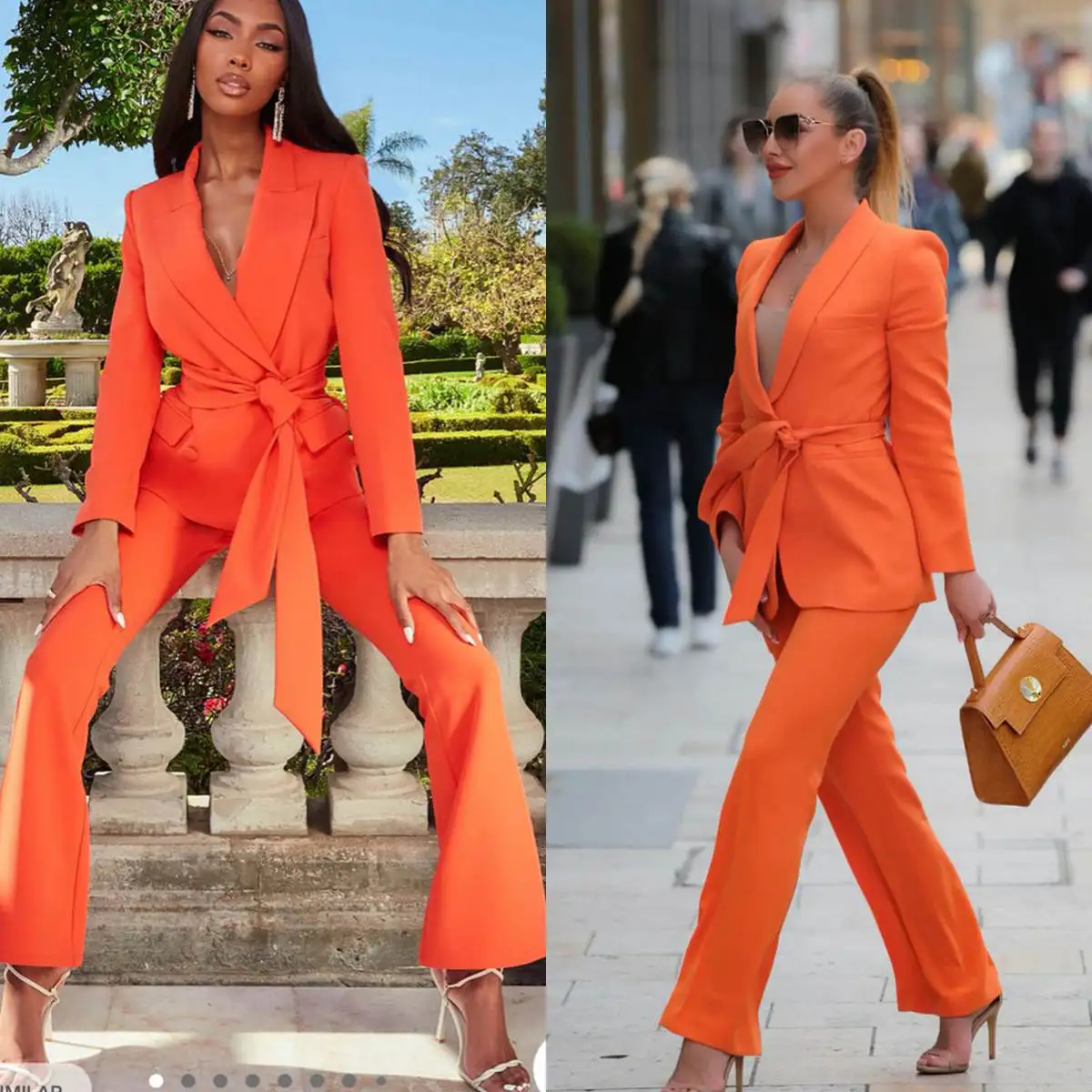 Spring Orange Women Pants Sets Customized V Neck Blazer With Sashes Jacket Suits Coat 2 Pieces Formal Birthday Party Wear